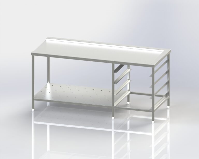 Dish Washer Outlet Table with Clean Dish Landing Table, Storage Basket & Perforated Shelf